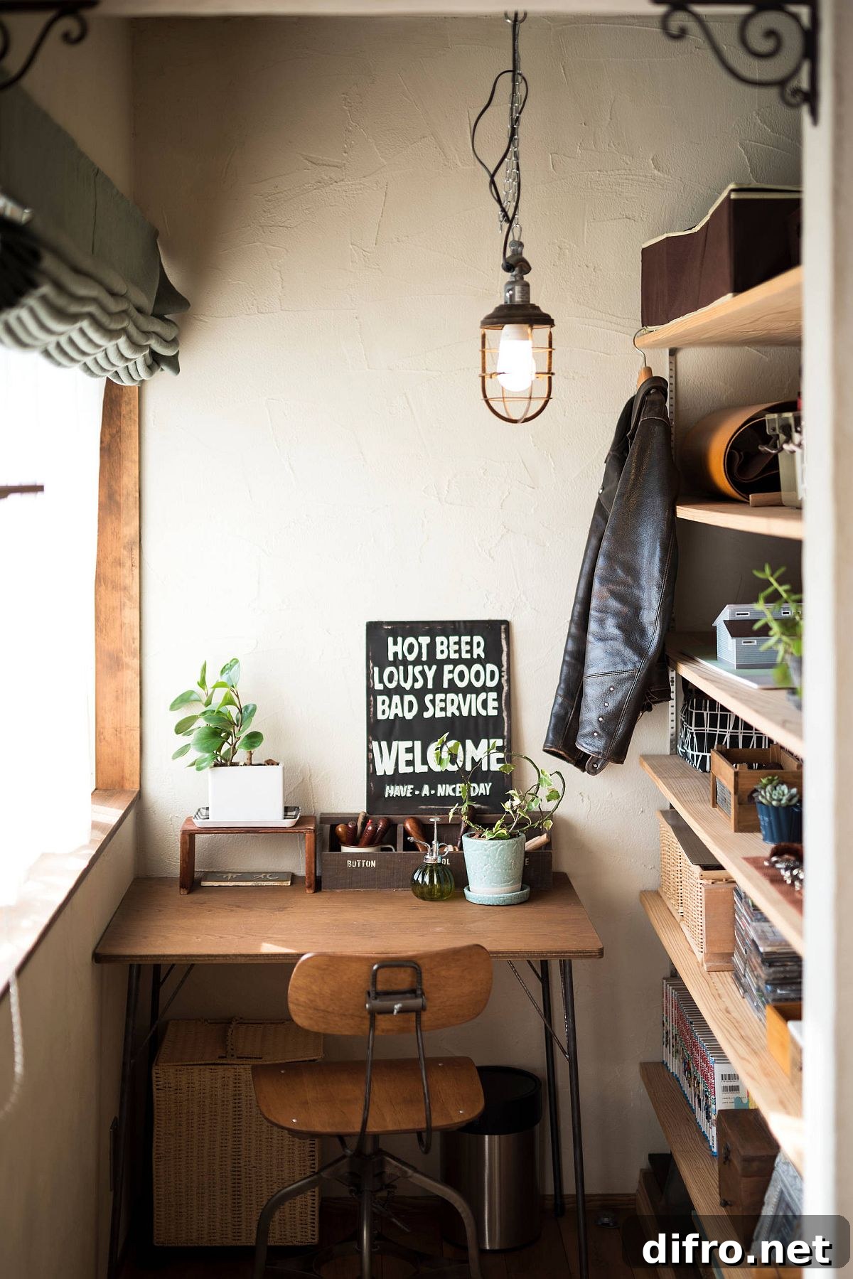Wooden shelves and desk in a tiny eclectic home office