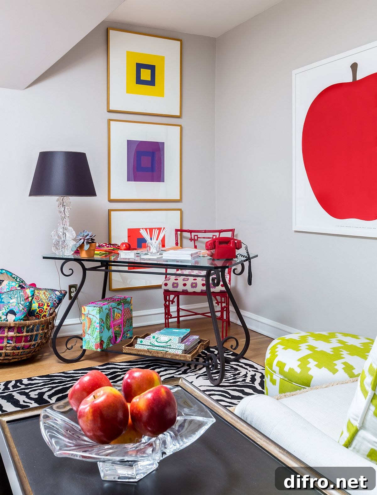 Bright colorful eclectic workspace in a corner