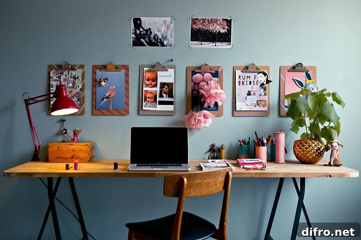 Eclectic home office with grayish-blue walls, photographs and clipboards
