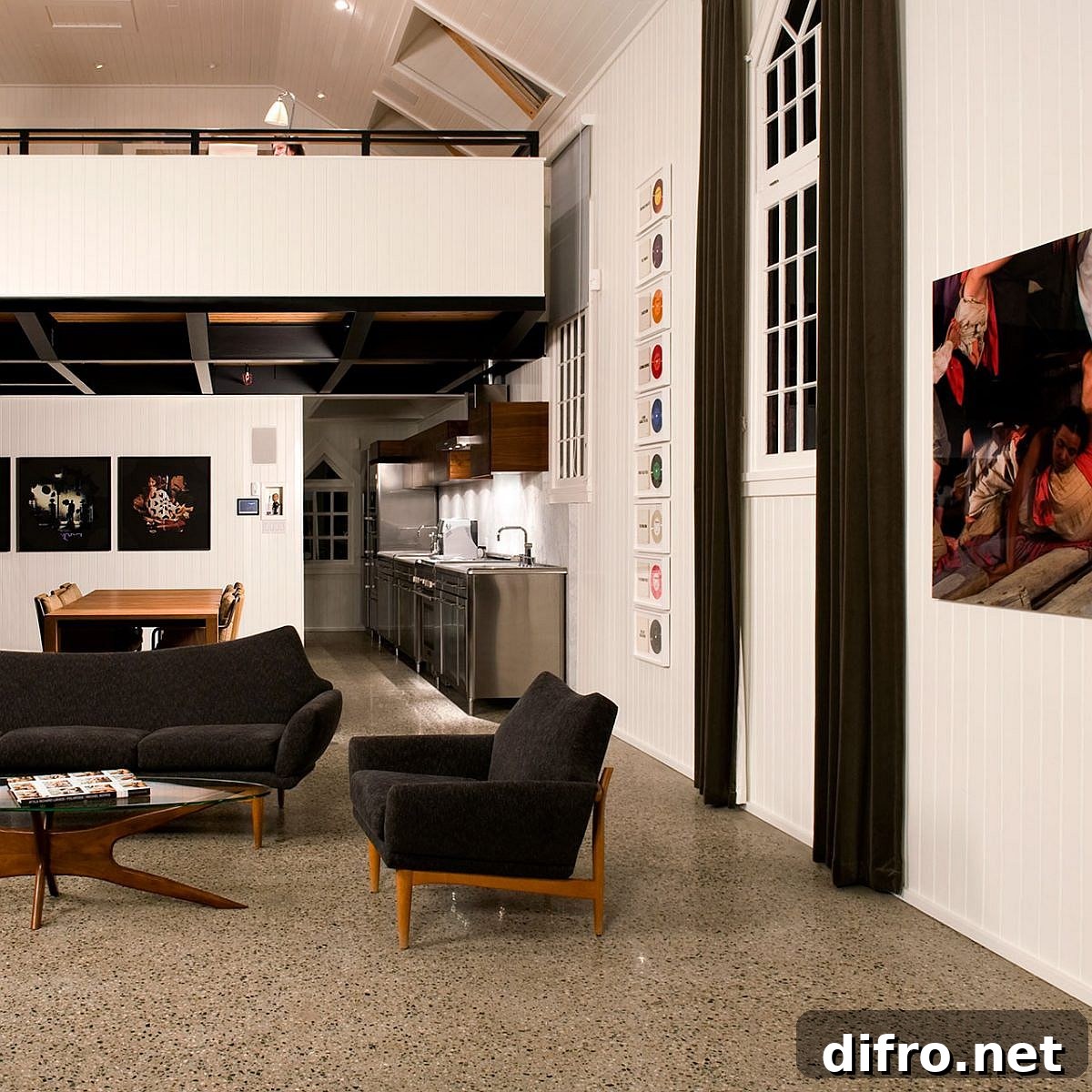 Neutral interior with kitchen, living area and dining on lower level
