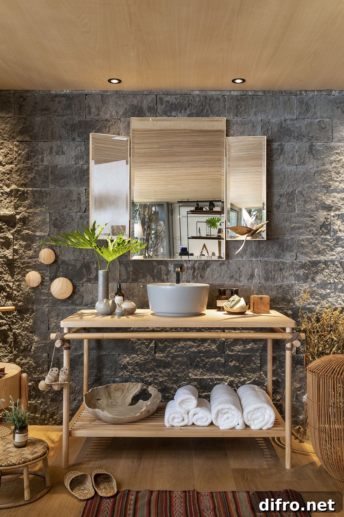 Bathroom with stone walls