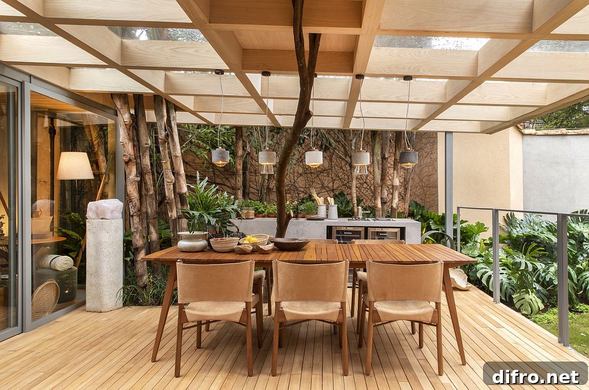 Outdoor dining area with pendant lights and wooden table