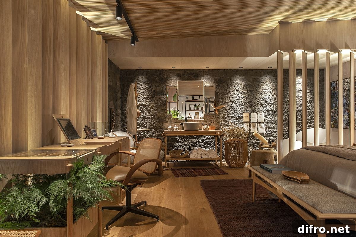 Bedroom with workspace, stone wall and wooden finishes