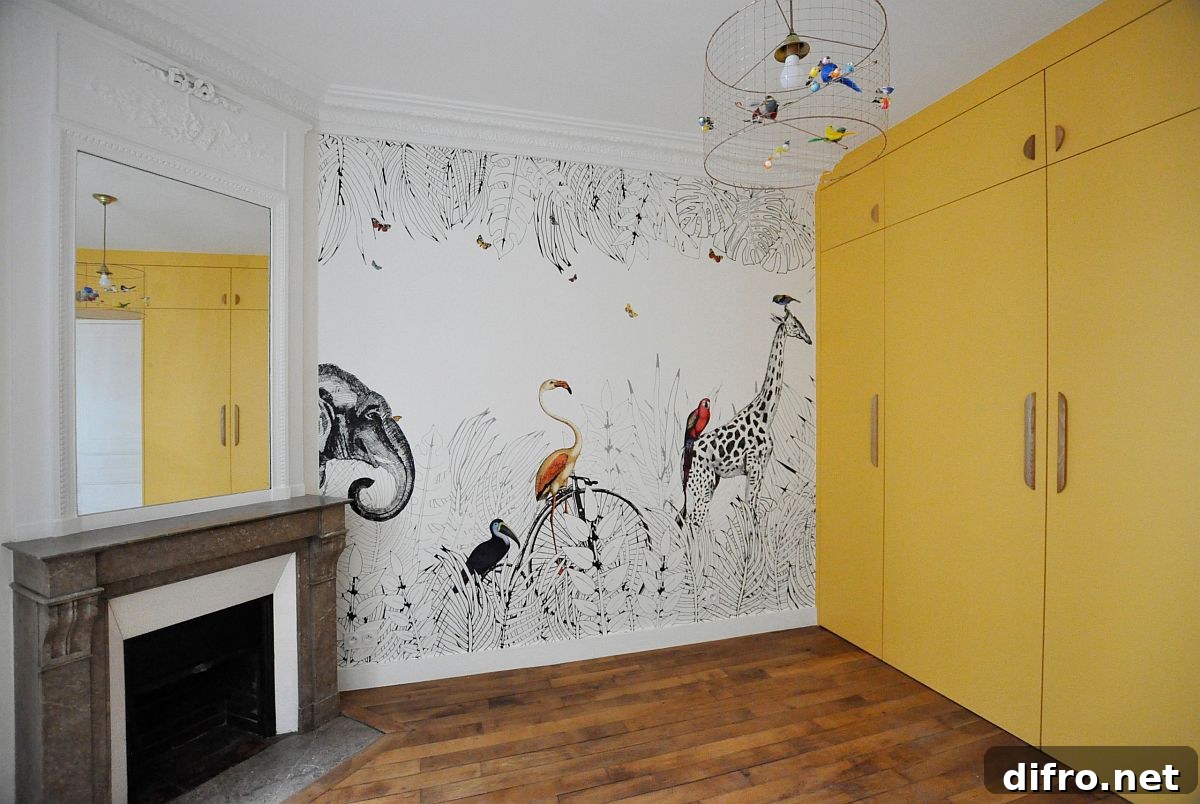 Nursery with floor-to-ceiling yellow wardrobe and fireplace