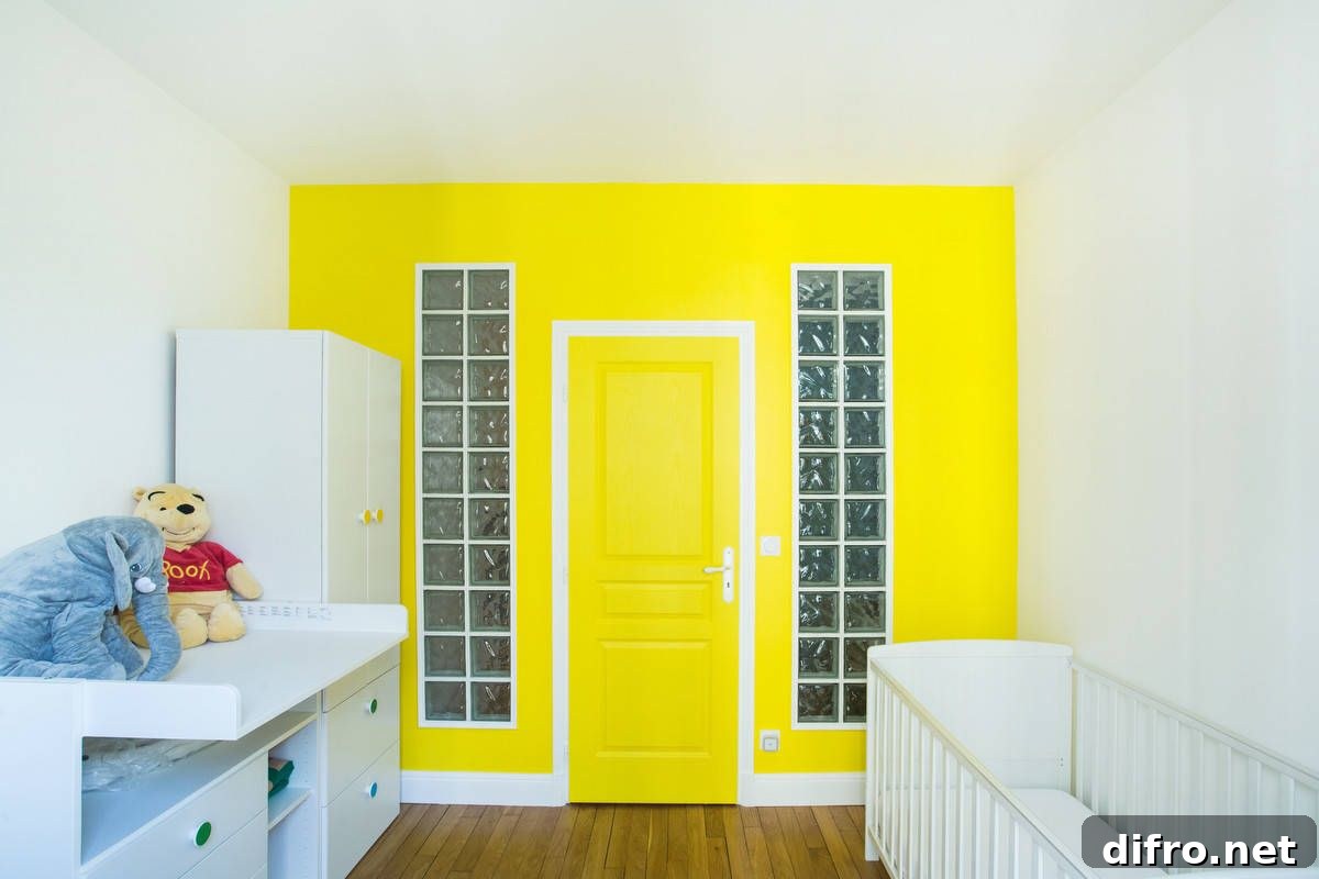 Contemporary nursery with yellow accent wall and door