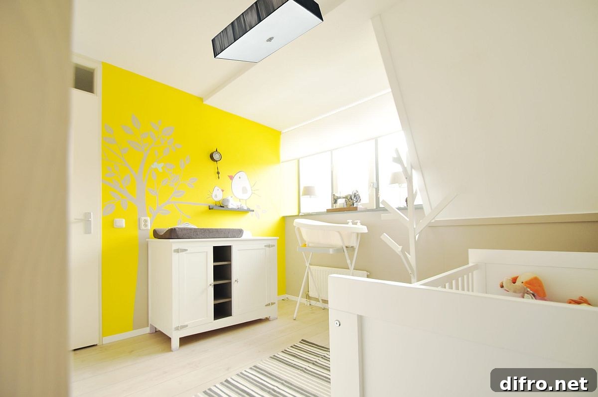 White gender-neutral nursery with brilliant yellow accent wall