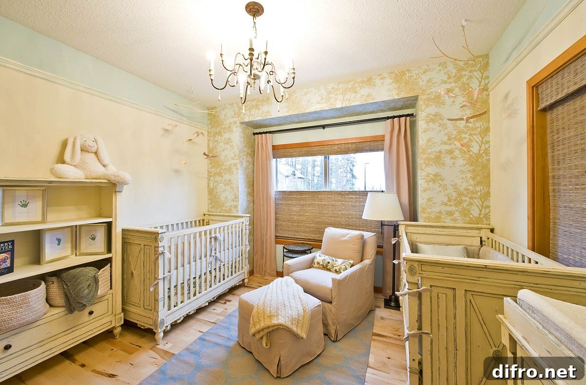 Mellow yellow nursery with whimsical tree-patterned wallpaper