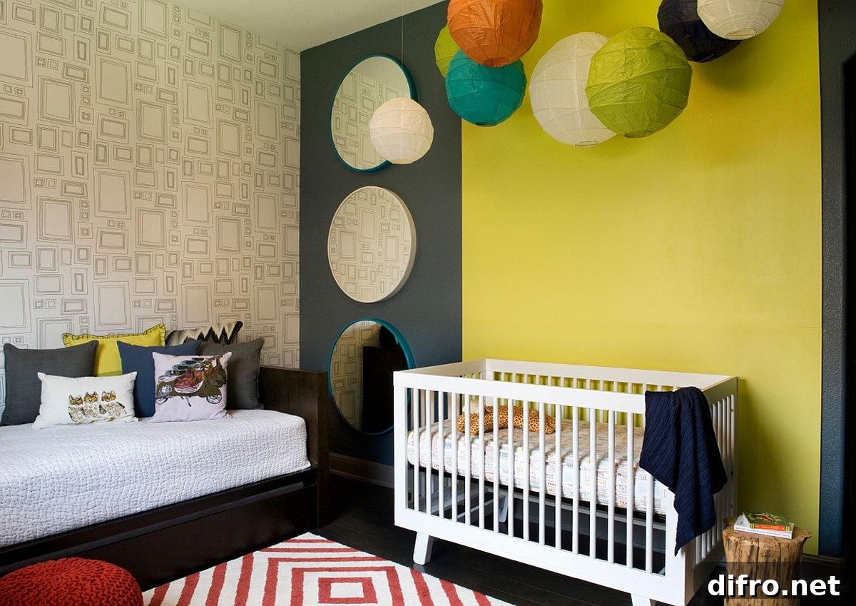 Modern nursery pairing dark gray with yellow and patterned rug