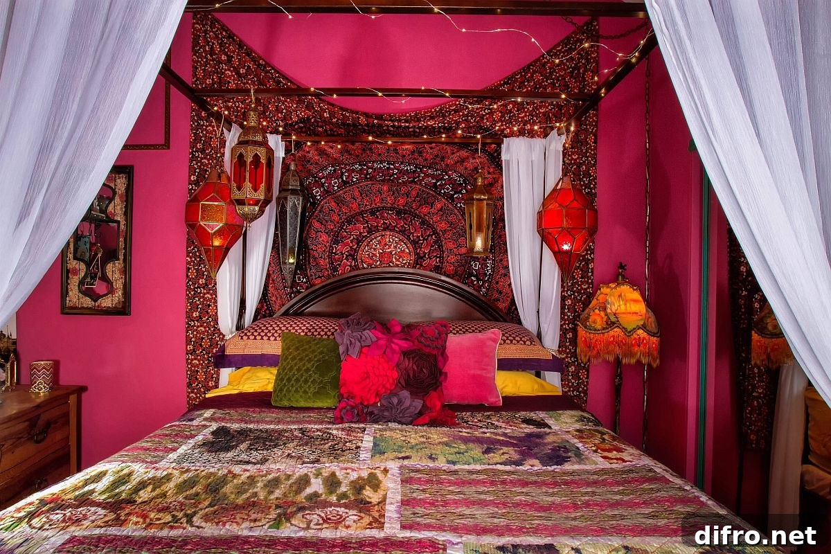 Red-themed boho bedroom.