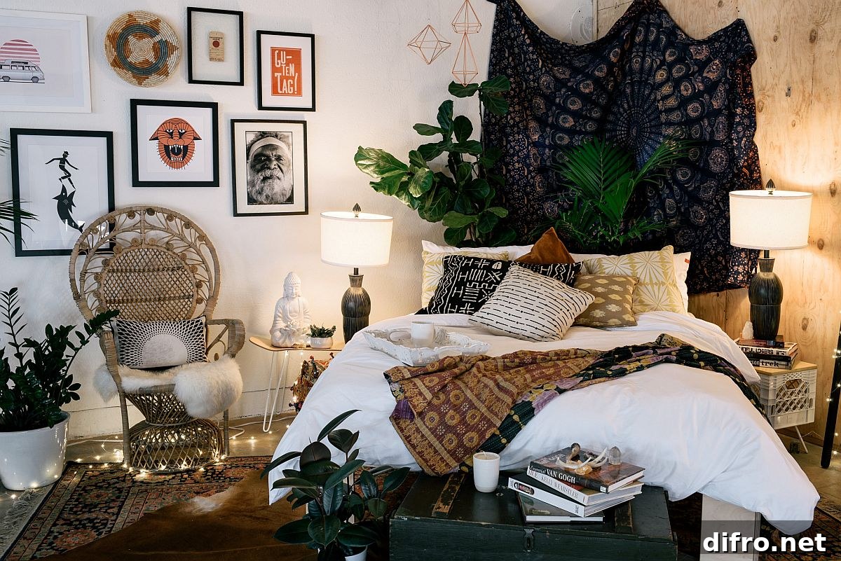 Bohemian bedroom with lights and artwork.