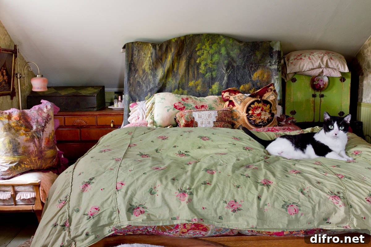 Bedroom with low-level ceiling and a bed with a cat sitting on it.