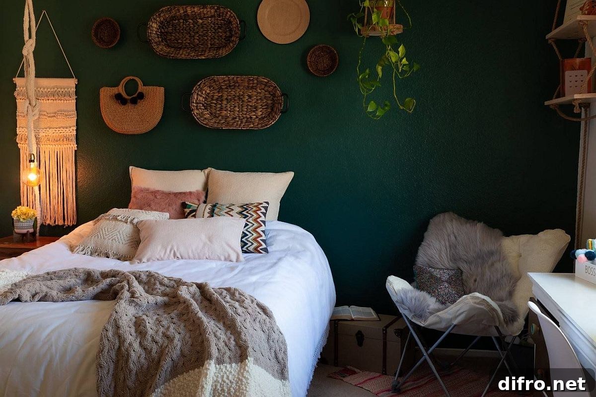 Bohomian-styled bedroom with green walls and rustic decor.