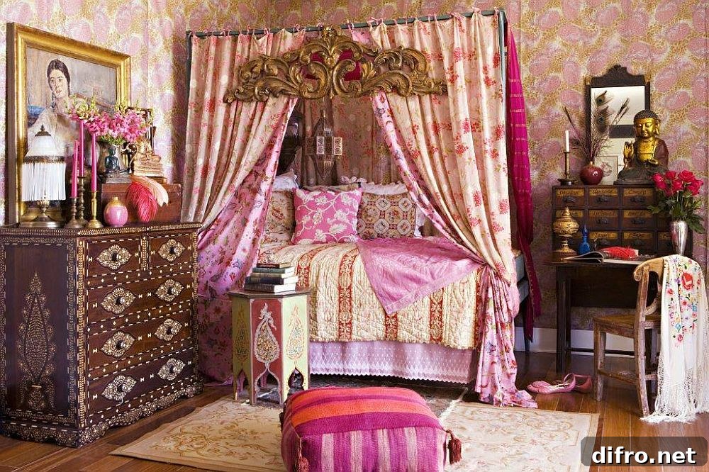 Bohemian bedroom with shabby chic, eclectic and Asian decor.
