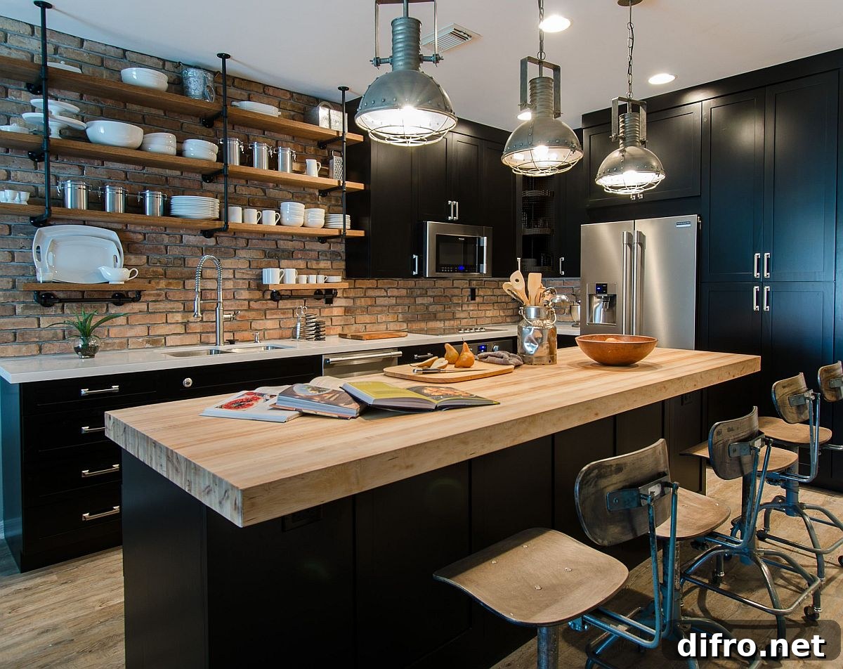 Exposed brick as focal point with shelving and cabinets