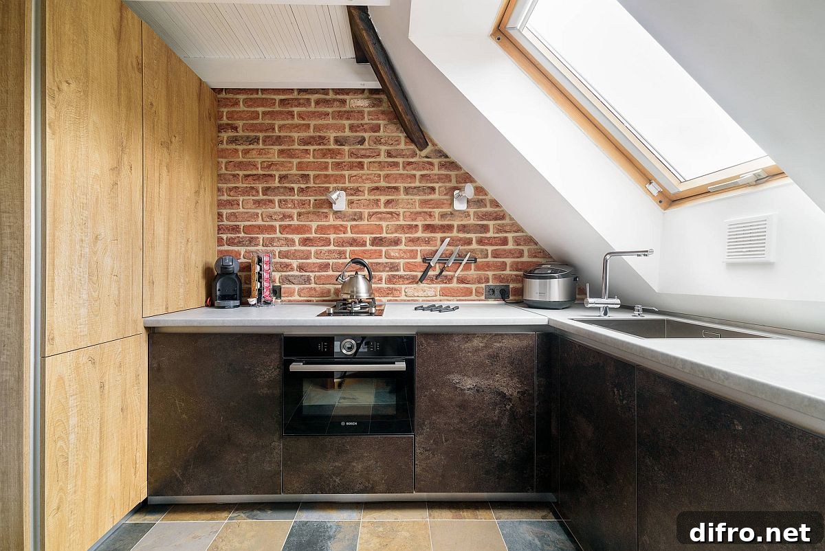 Ultra-small kitchen with window and small brick backsplash