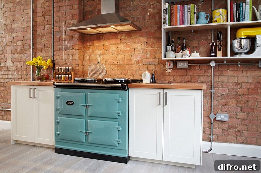 Wall-mounted shelves and clever cabinets in small industrial kitchen
