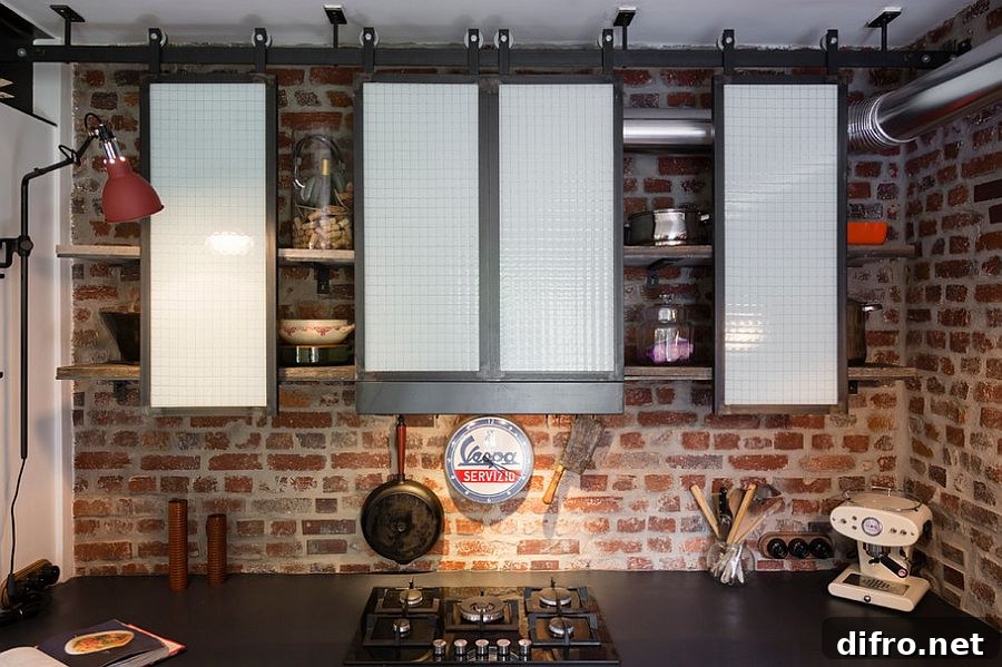 Floating wooden shelves combined with cabinets for storage