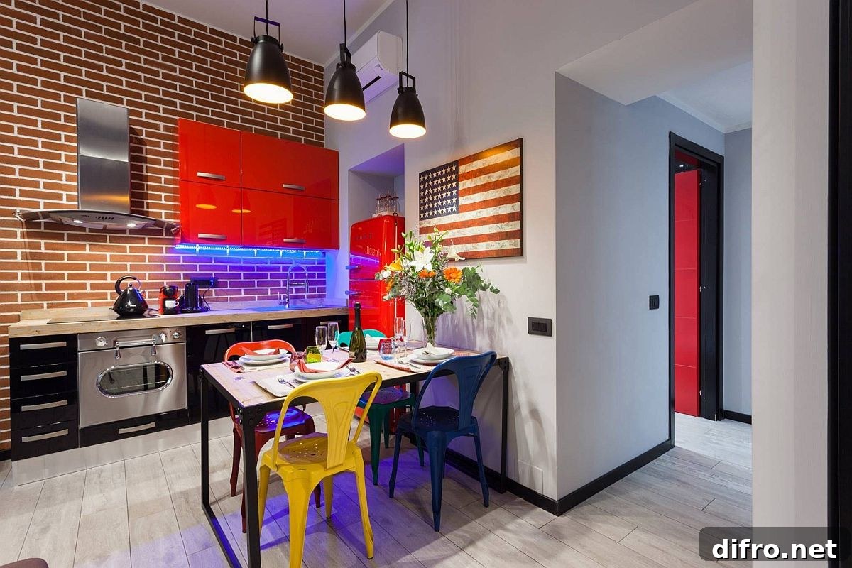 Small eat-in kitchen with exposed brick wall