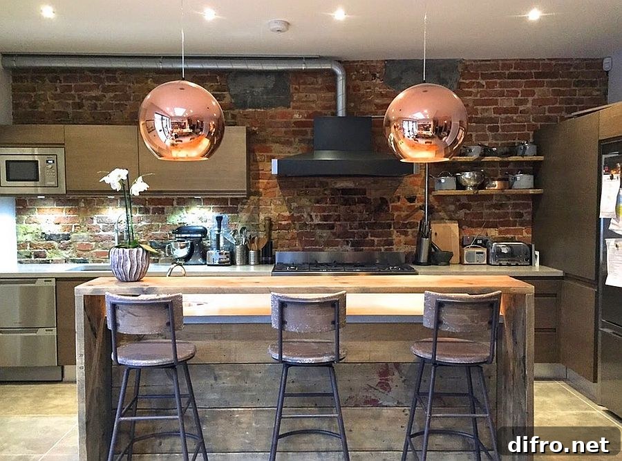 Reclaimed wood island and copper pendants in industrial kitchen