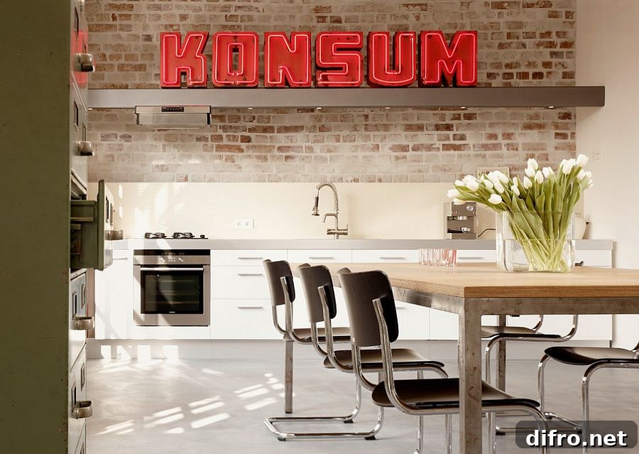 Tiny industrial kitchen with whitewashed brick and neon lights