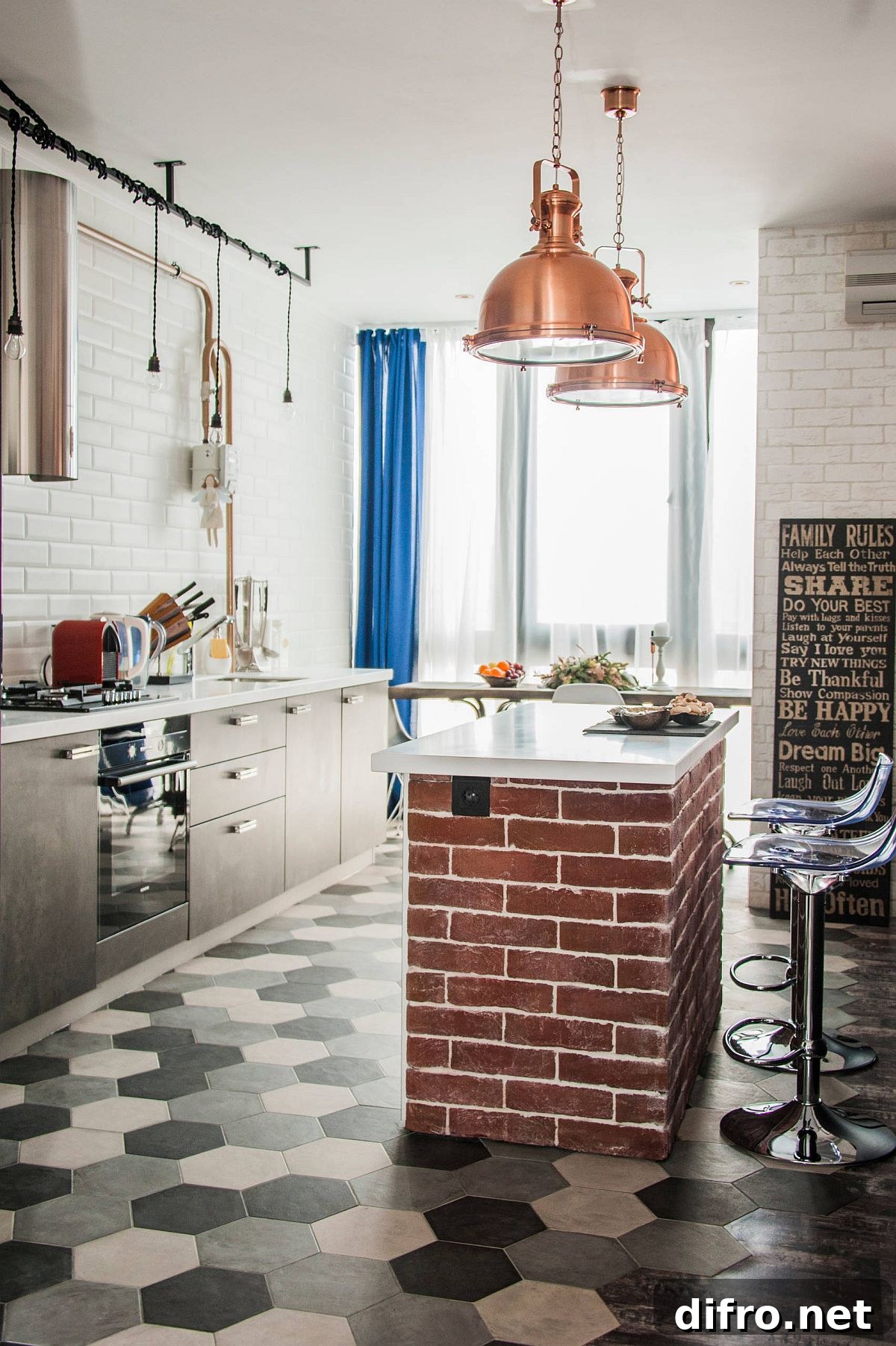 Custom brick-wrapped kitchen island with white countertop