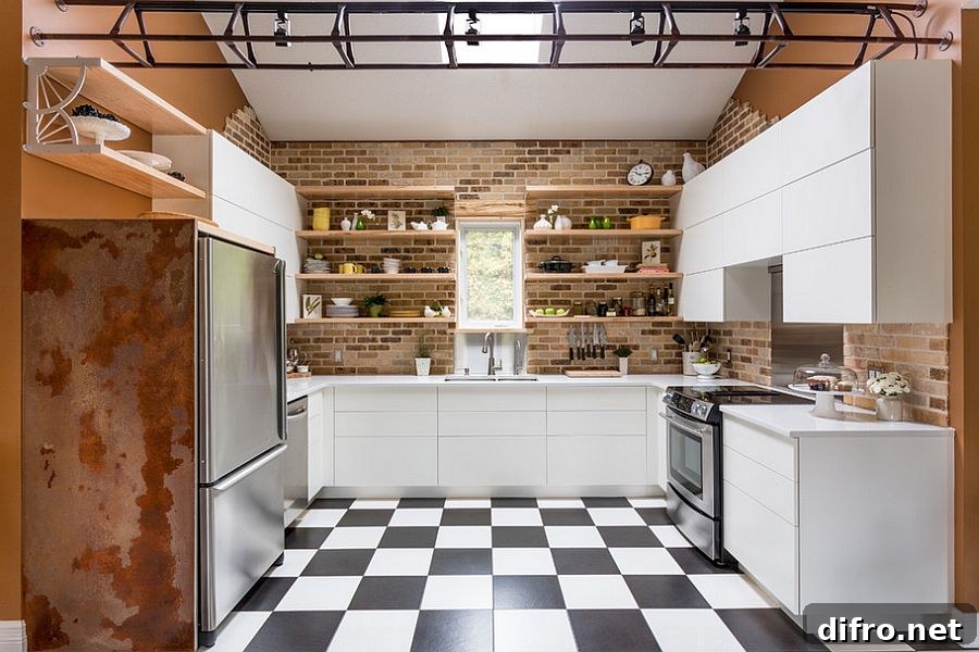 Varied finishes and textures in a small modern industrial kitchen