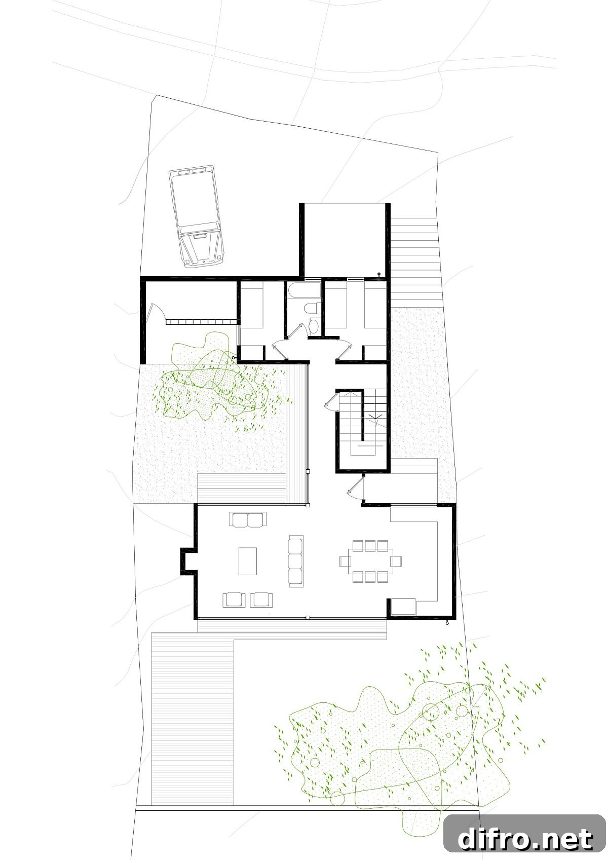 Design plan of ground level of Two Patios House designed by Ignacio Correa