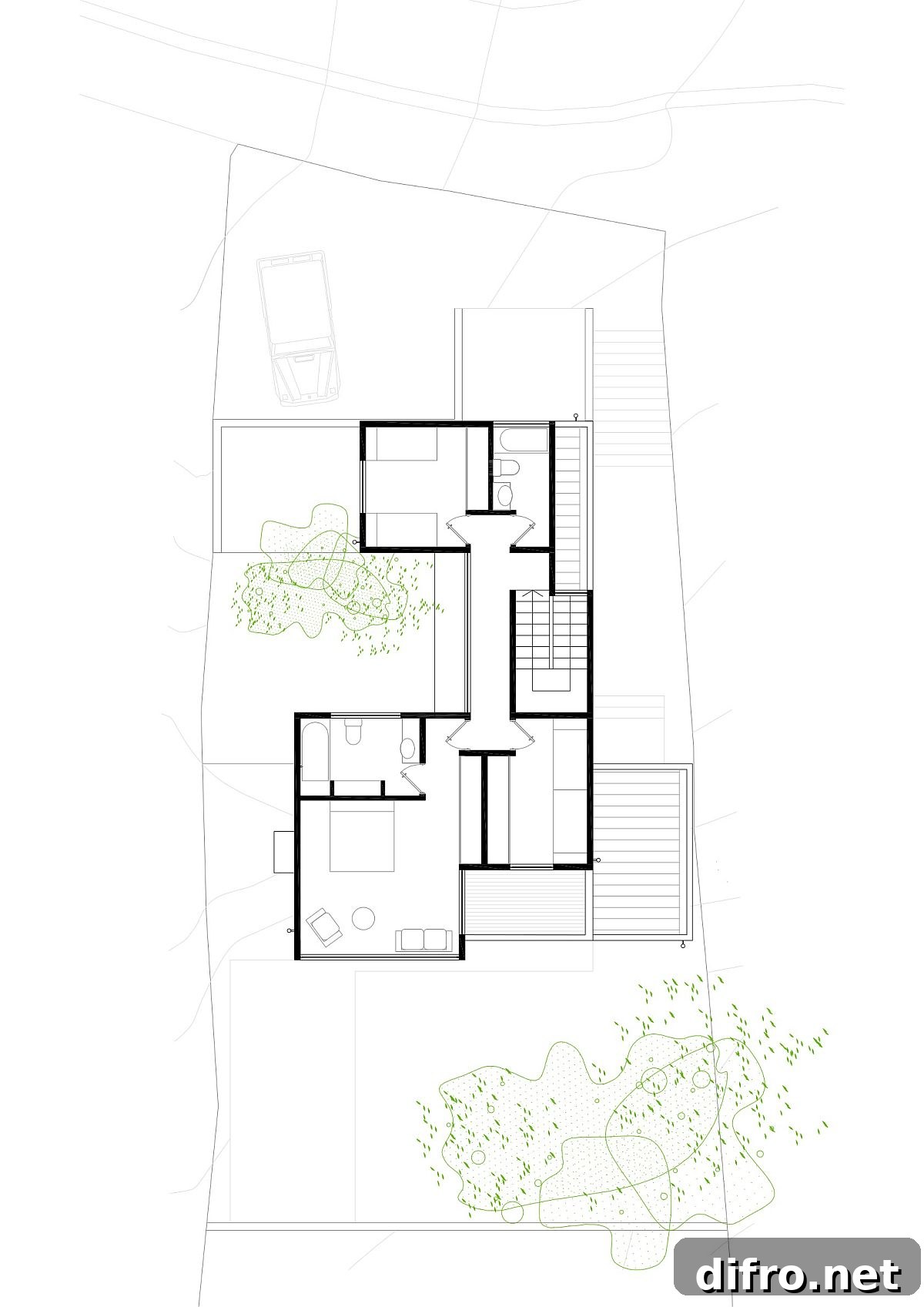 Upper level floor plan of Two Patios House