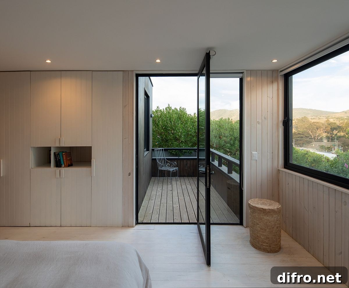 Door pivots open to connect the spacious balcony with the bedroom on the upper level