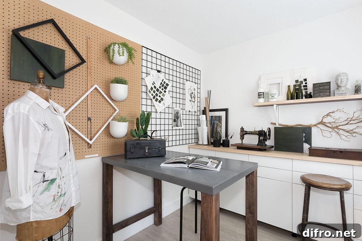 Simple grid on the wall provides easy storage solution in the white craft room