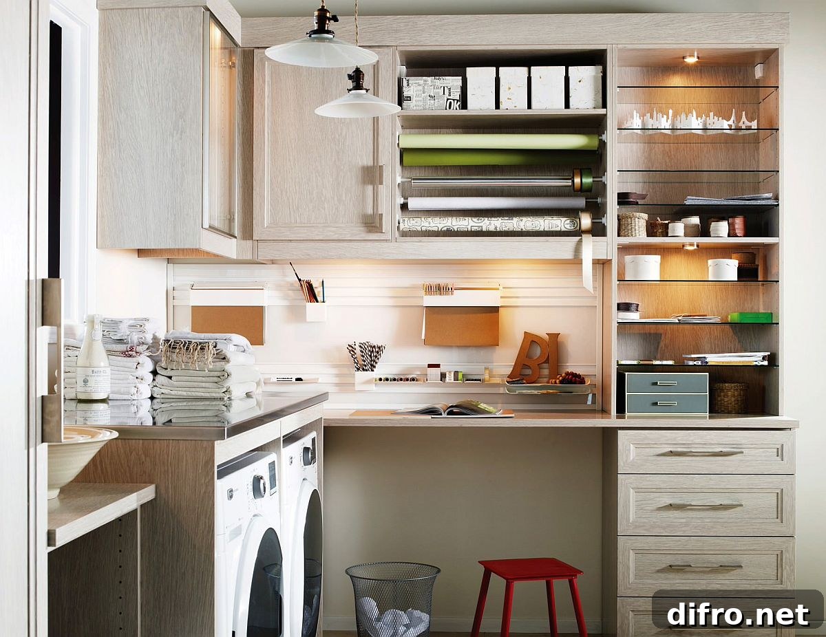 Multiple storage units, cabinets and shelves with smart lighting create an exquisite little craft room
