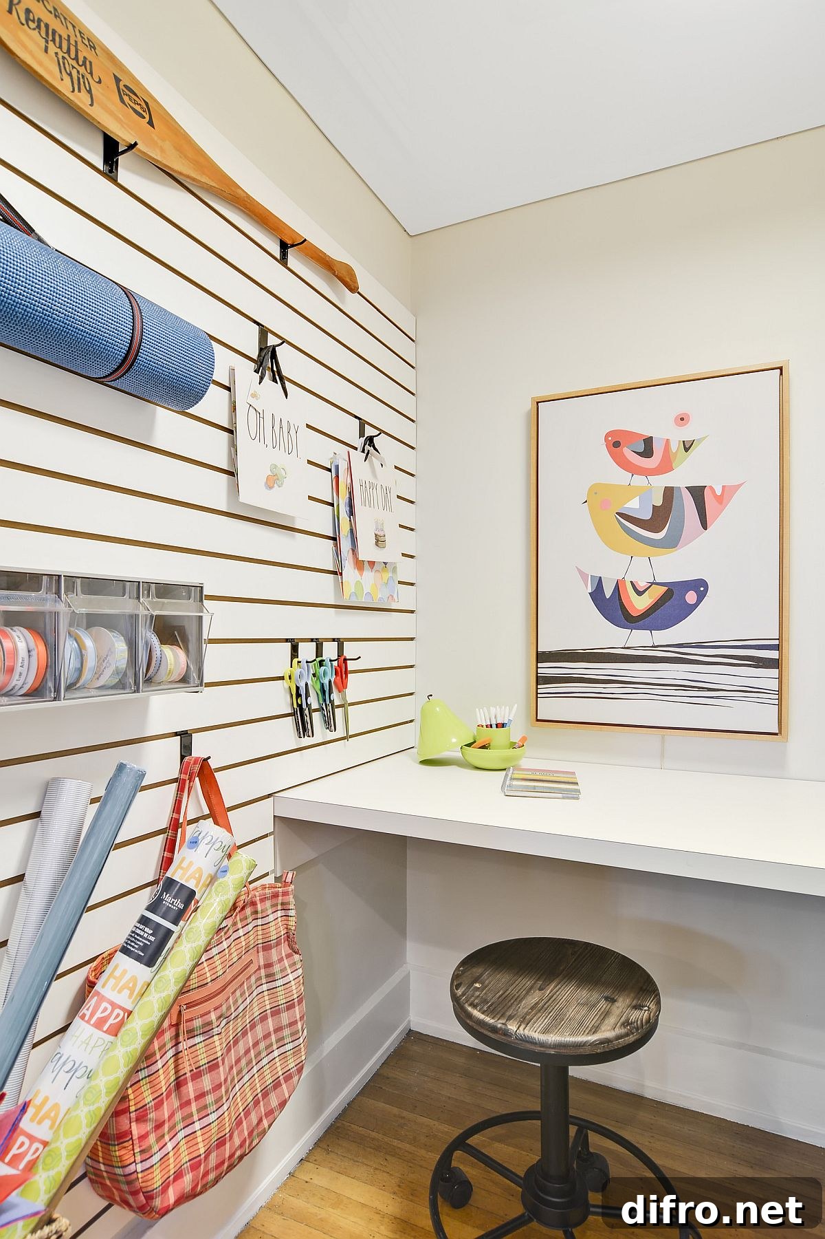 Small New York craft room uses corner space and storage benches under the counter