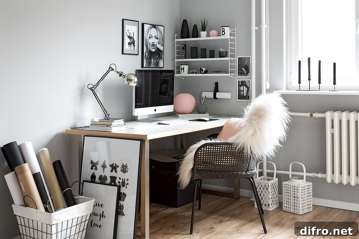 Small black and white craft room with Scandinavian style and smart storage