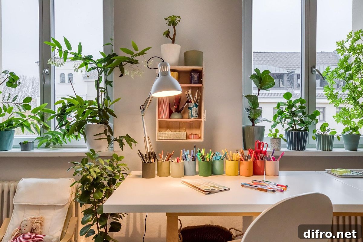 Freestanding desk in a Scandinavian-style craft room with natural light