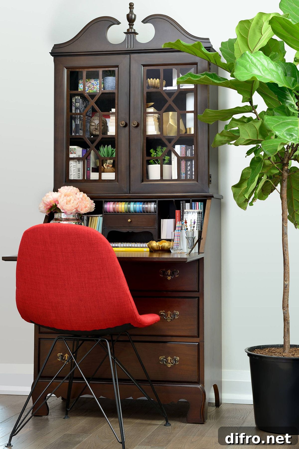 Freestanding wooden desk with built-in storage creates a crafting zone