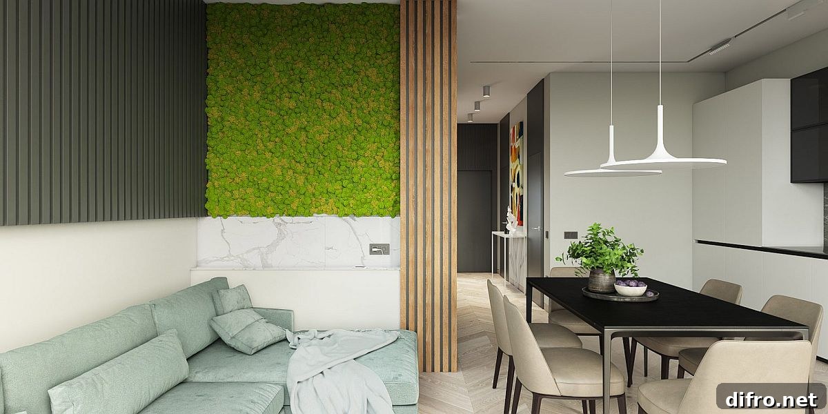 Green accent wall providing color against white and gray backdrop