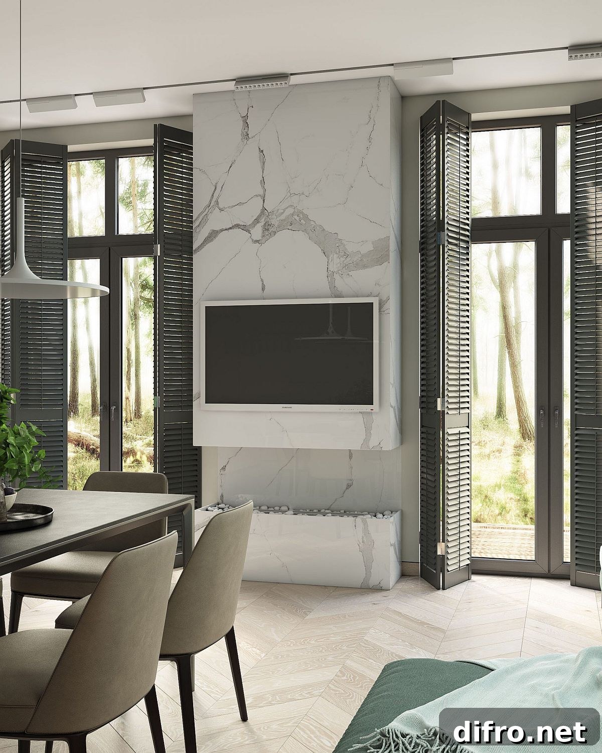 Marble fireplace with mounted slim LED TV