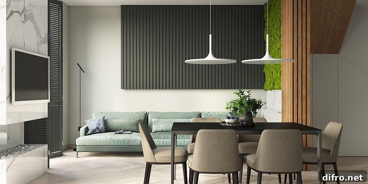 Dining area with minimal pendant lights and plush couch
