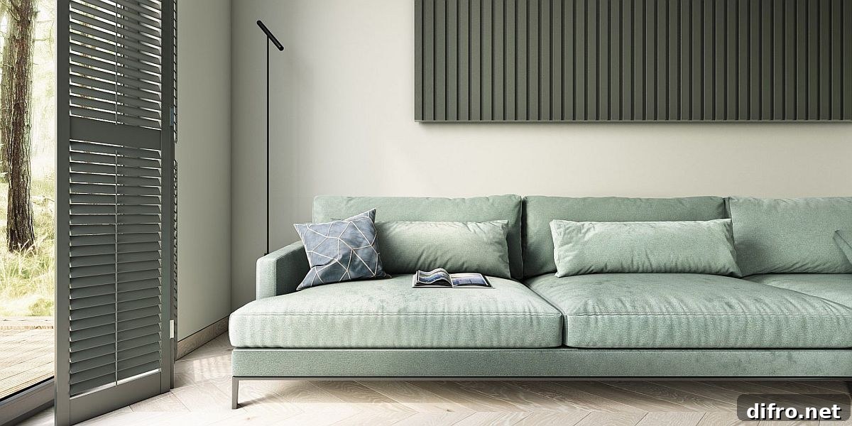 Plush light blue couch with minimal floor lamp