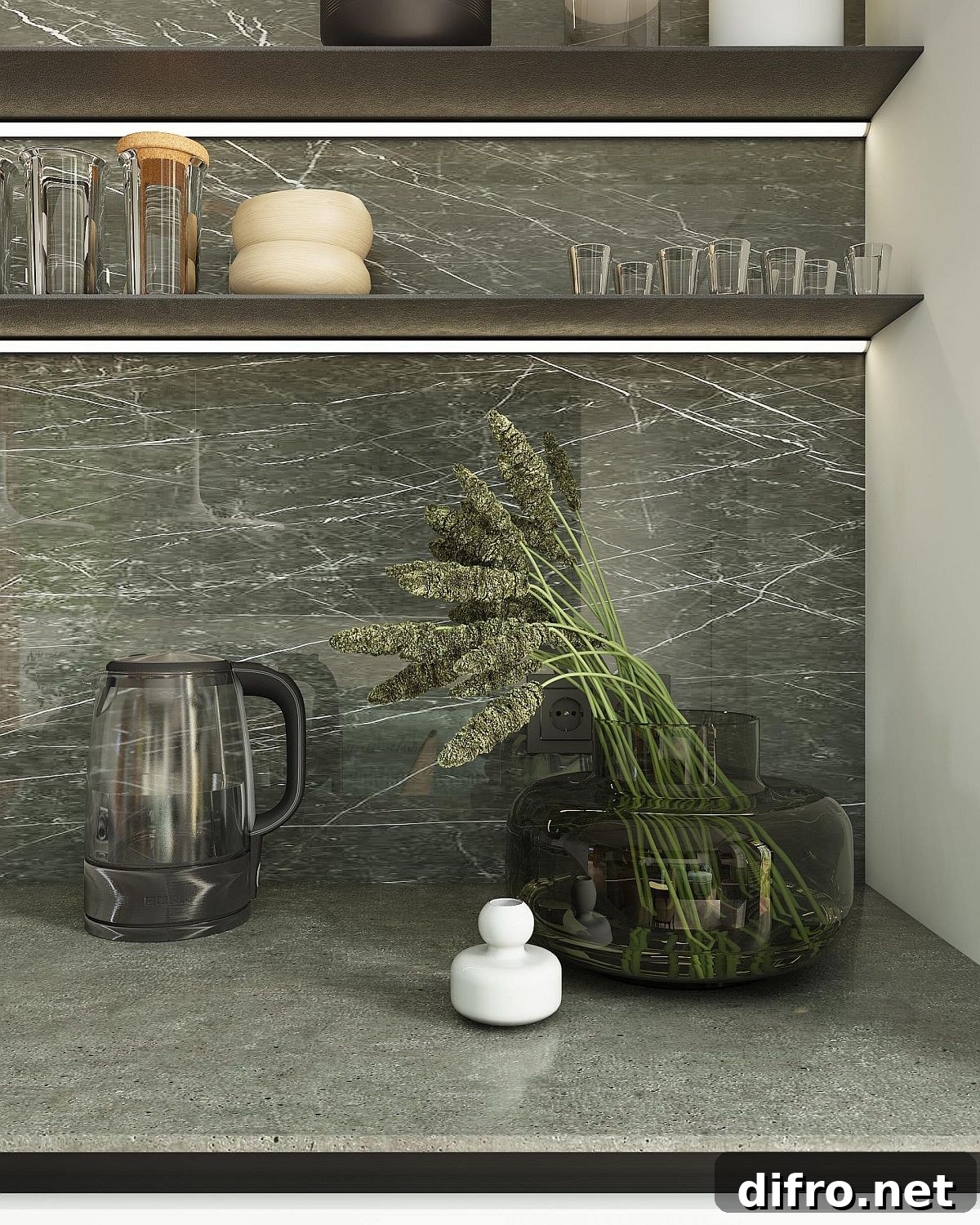 Stone backsplash and slim floating shelves with LED lighting