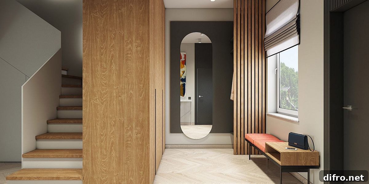 Contemporary entry and mudroom with minimal style and ample cabinet space