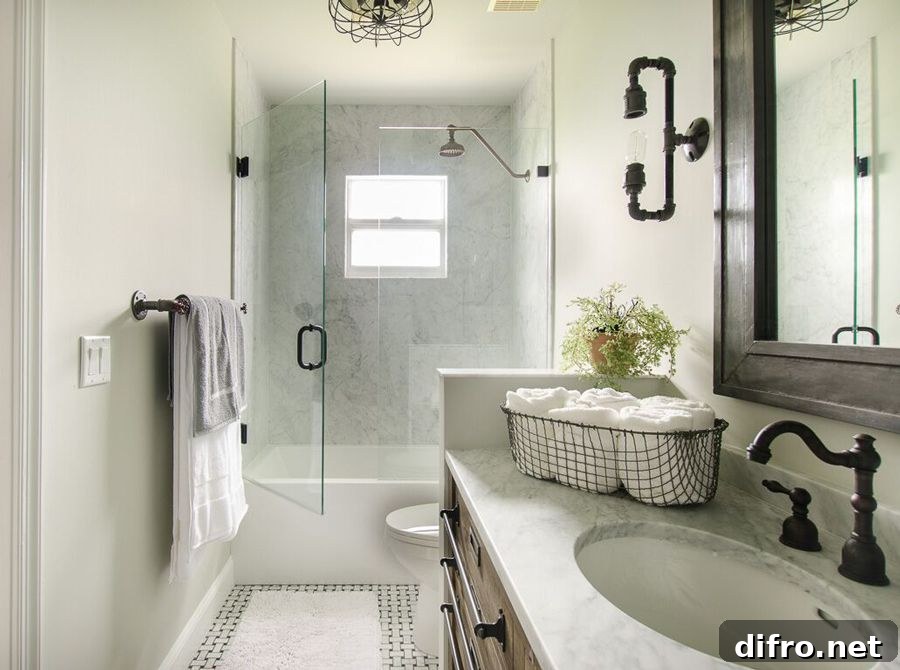 White modern industrial bathroom with Carrera marble backdrop