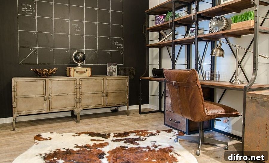 Industrial home office with chalkboard wall, cowhide rug and custom wood and metal furniture