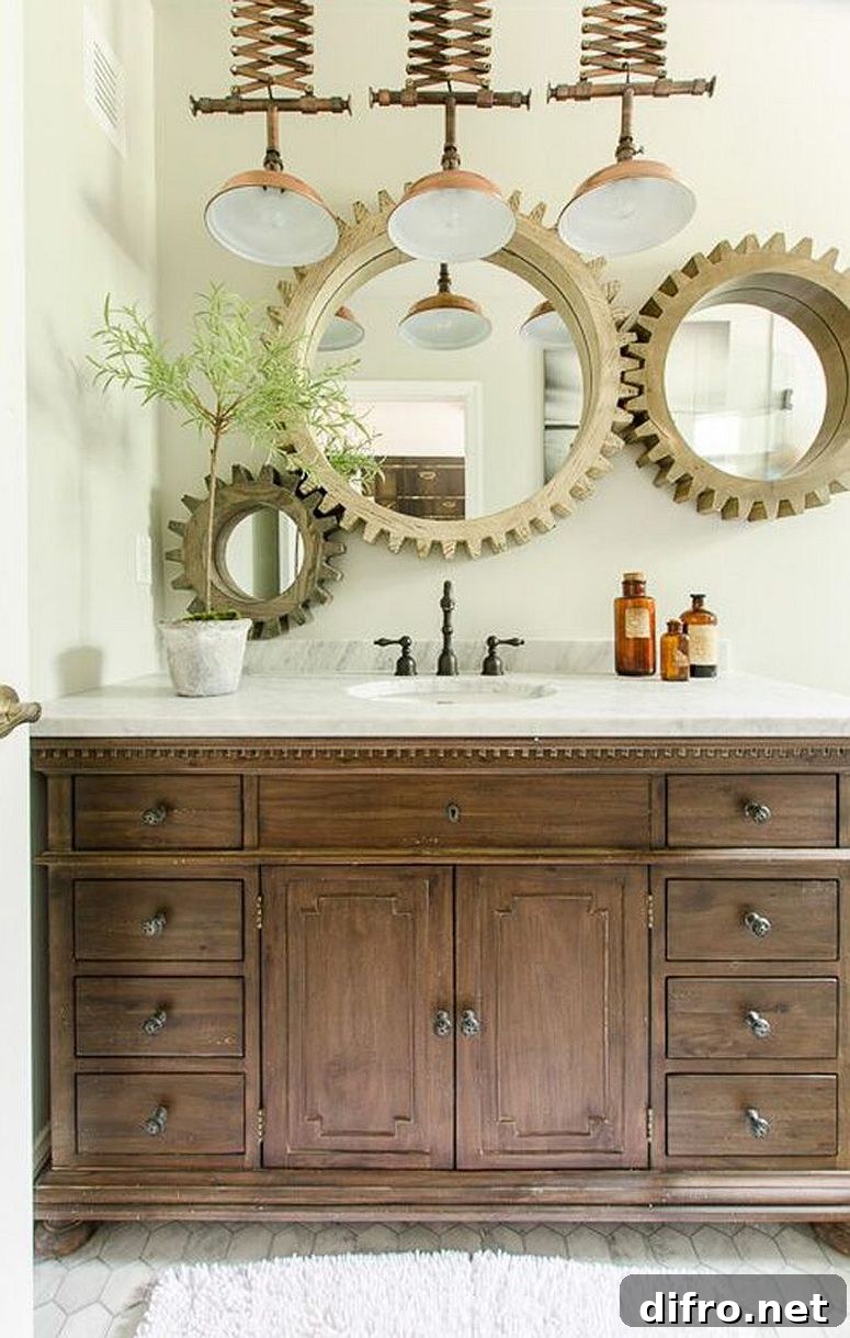 Bathroom with custom lighting and cog-styled mirror frames giving a unique look