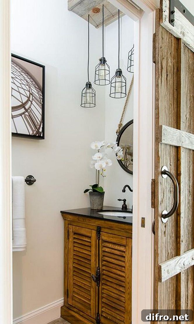 Sliding barn-style door and reclaimed vanity in a small powder room