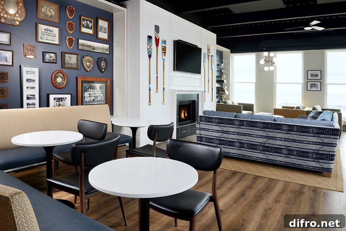 Balmy Beach Club members lounge seating and fireplace