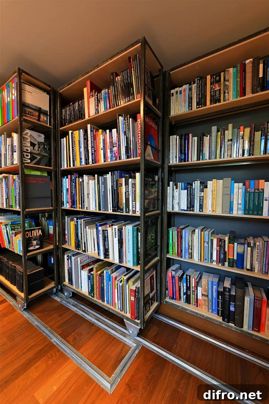 Wooden bookshelves on wheels