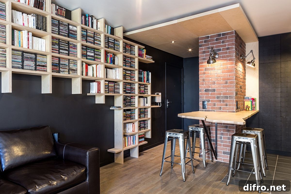 Creative wooden bookshelves in a family room