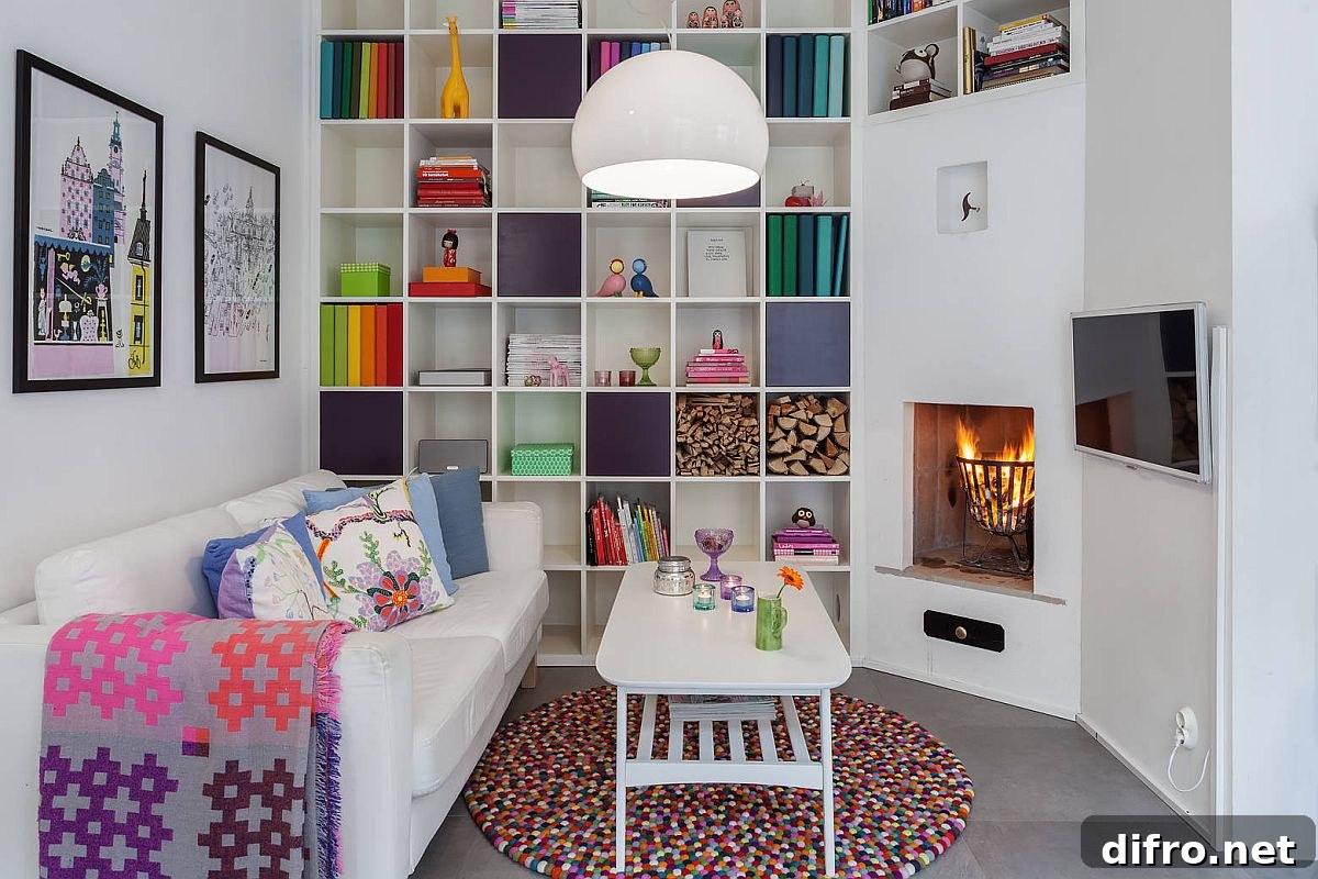 Colorful rug and throws in a home library