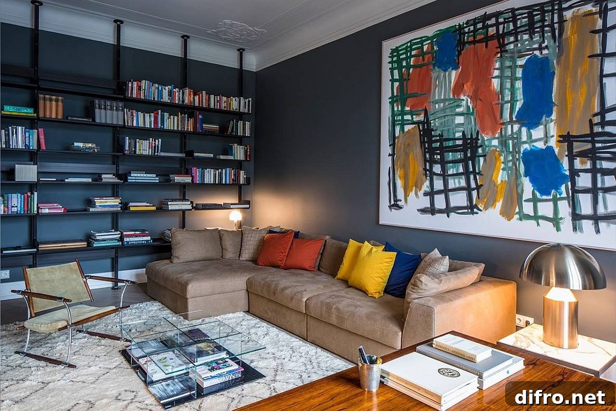 Home library with deep gray walls and colorful accents